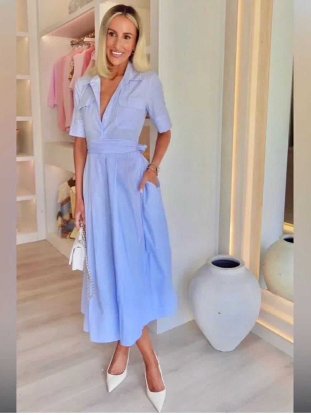 Zara Blue and White Striped Maxi Poplin Shirt dress Waist Tie S M NWT 2640/596 - Picture 10 of 17